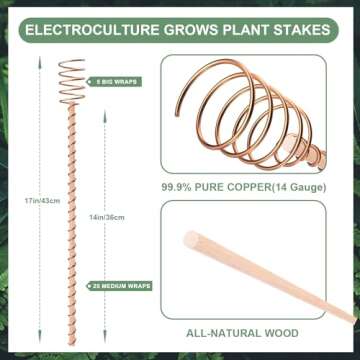 10 Pack 17" Electroculture Plant Stakes, Long Copper Garden Stakes, Electroculture Copper Coil Anten...