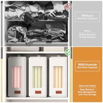 HUWAILE 4.64 GAL Sheet Organizers and Storage - 3 Pack Bed Sheet Organizers for All Sheet Sizes, Including Queen/King Size Blankets, Foldable Blanket Organizer/Sheet Storage for Linen Closet, Beige