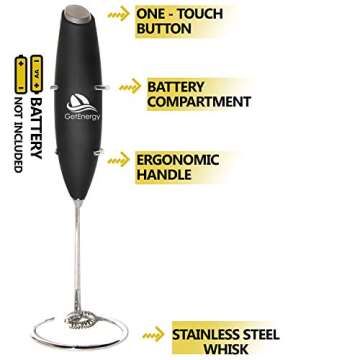 GetEnergy Milk Frother Handheld, Electric Foam Maker for Coffee Perfect for the Best Latte,Cappuccino, Whip Foamer,Durable Drink Mixer, Includes Stainless Steel Stand