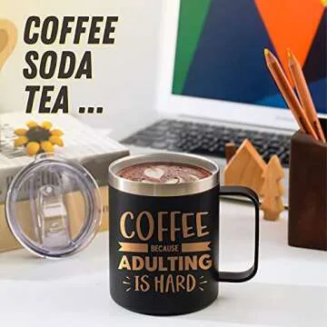 Onebttl Coffee Gifts Mug Stainless Steel, Coffee House Lover Coffeeholic Addict Presents Christmas Birthday, Travel Mug with Lid, 12oz/350ml - Adulting is Hard