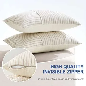MIULEE Khaki and Beige Patchwork Farmhouse Pillow Covers 12x20 Inch, Pack of 2 Striped Linen Decorative Modern Accent Pillow Cases for Sofa Couch Bedroom