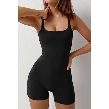 QINSEN Women's Square Neck One Piece Short Jumpsuit Yoga Exercise Workout Rompers Black S