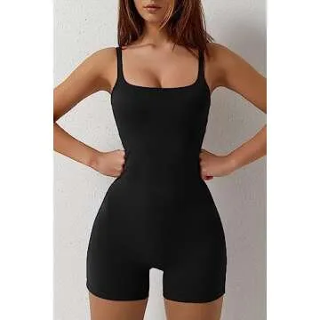 QINSEN Women's Square Neck One Piece Short Jumpsuit Yoga Exercise Workout Rompers Black S