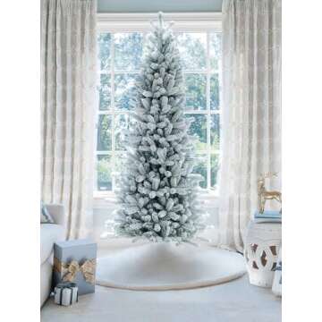 KING OF CHRISTMAS 7.5ft Snow Flocked Slim Artificial Christmas Tree Unlit, Skinny Flocked Christmas ...