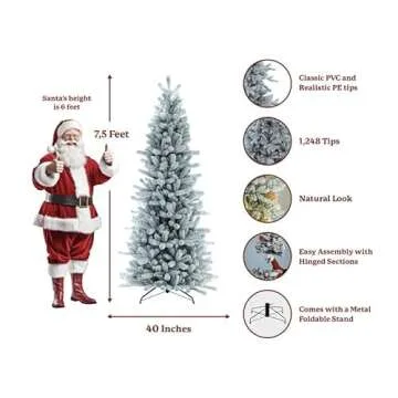 KING OF CHRISTMAS 7.5ft Snow Flocked Slim Artificial Christmas Tree Unlit, Skinny Flocked Christmas Tree with Metal Stand, King Flock Hinged Thin Xmas Tree for Holiday Home Office Christmas Décor