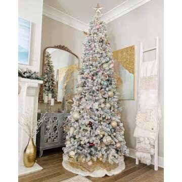 KING OF CHRISTMAS 7.5ft Snow Flocked Slim Artificial Christmas Tree Unlit, Skinny Flocked Christmas Tree with Metal Stand, King Flock Hinged Thin Xmas Tree for Holiday Home Office Christmas Décor