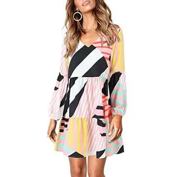 Amoretu Womens V Neck Dresses Long Sleeve Swing Shift Plaid Dress, Spring, Summer, 2025 (Geometry, XL)