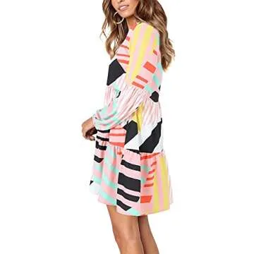 Amoretu Womens V Neck Dresses Long Sleeve Swing Shift Plaid Dress, Spring, Summer, 2025 (Geometry, XL)