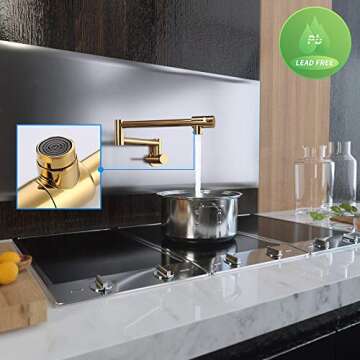 KES Kitchen Pot Filler Polished Brass Folding Faucet Brass Double Joint Swing Arm Sink Faucet Articulating Wall Mount Two Handle, KN926LF-PG
