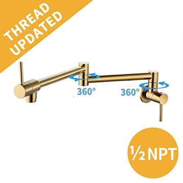 KES Kitchen Pot Filler Polished Brass Folding Faucet Brass Double Joint Swing Arm Sink Faucet Articulating Wall Mount Two Handle, KN926LF-PG