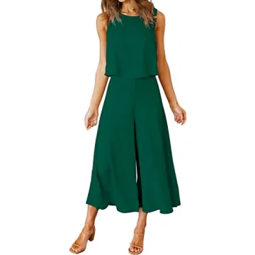 ROYLAMP Women's Summer 2 Piece Outfits - Round Neck Crop Basic Top Cropped Pants Set - Dark Green (M...