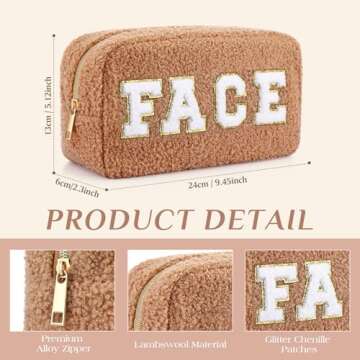 Paterr 4 Pcs Chenille Letter Preppy Patches Makeup Bag Plush Fuzzy Makeup Pouch Hair Skin Face Stuff Bag Large Cosmetic Purse Zipper Travel Toiletry Kit for Spring Gift(Brown Colors)