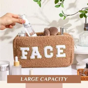 Paterr 4 Pcs Chenille Letter Preppy Patches Makeup Bag Plush Fuzzy Makeup Pouch Hair Skin Face Stuff Bag Large Cosmetic Purse Zipper Travel Toiletry Kit for Spring Gift(Brown Colors)