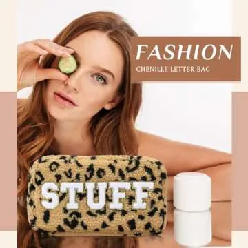 Paterr 4 Pcs Chenille Letter Preppy Patches Makeup Bag Plush Fuzzy Makeup Pouch Hair Skin Face Stuff Bag Large Cosmetic Purse Zipper Travel Toiletry Kit for Spring Gift(Brown Colors)