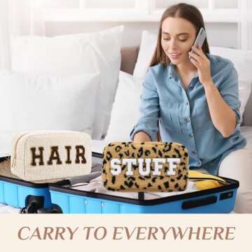 Paterr 4 Pcs Chenille Letter Preppy Patches Makeup Bag Plush Fuzzy Makeup Pouch Hair Skin Face Stuff Bag Large Cosmetic Purse Zipper Travel Toiletry Kit for Spring Gift(Brown Colors)