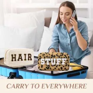 Paterr 4 Pcs Chenille Letter Preppy Patches Makeup Bag Plush Fuzzy Makeup Pouch Hair Skin Face Stuff Bag Large Cosmetic Purse Zipper Travel Toiletry Kit for Spring Gift(Brown Colors)