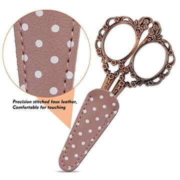 Hisuper 4.5inch Sewing Embroidery Scissors with Leather Scissors Cover, Sewing Crafting Sharp Scissors Stainless Steel Craft Shears Scissors for Needlework Manual Sewing Handicrafts Tool Red Copper