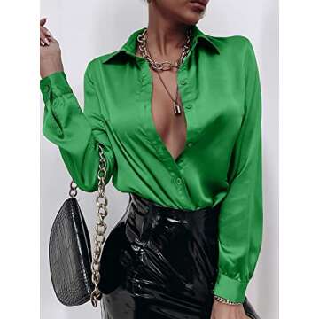 Floerns Women's Satin Silky Solid Office Blouse Top Long Sleeve Button Down Shirt Green M