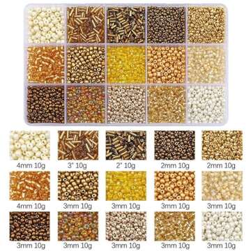 Basigeese Mix 15 Color Glass Seed Beads Tube Beads Glass Bugle Beads Loose Kit for Jewelry Making DIY Craft Beading (Mix 15 Color, Gold)