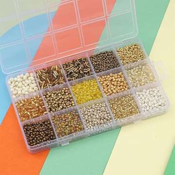 Basigeese Mix 15 Color Glass Seed Beads Tube Beads Glass Bugle Beads Loose Kit for Jewelry Making DIY Craft Beading (Mix 15 Color, Gold)