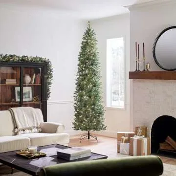 National Tree Company Artificial Pre-Lit Slim Christmas Tree, Green, Kingswood Fir, White Lights, Includes Stand, 9 Feet