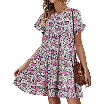 Chuanqi Womens Ruffles Boho Floral Printed Babydoll Loose Swing Casual Short Mini T-Shirt Dress (Sma...