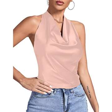 LYANER Women's Satin Halter Draped Cowl Neck Sexy Knot Tie Sleeveless Cami Top Light Pink X-Small