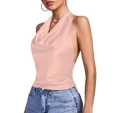 LYANER Women's Satin Halter Draped Cowl Neck Sexy Knot Tie Sleeveless Cami Top Light Pink X-Small