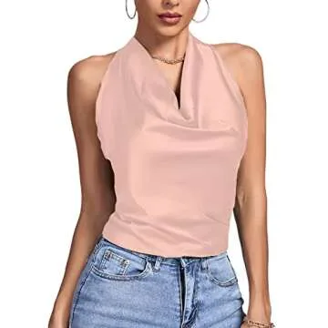 LYANER Women's Satin Halter Draped Cowl Neck Sexy Knot Tie Sleeveless Cami Top Light Pink X-Small
