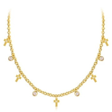14K Gold Cross Charm Necklace with Sparkling Zircon for Women