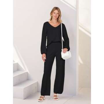 MEROKEETY Women's 2 Piece Outfits Long Sleeve V Neck Knit Pullover Tops and Wide Leg Pant Lounge Set...