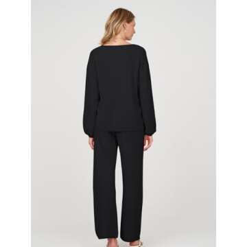 MEROKEETY Women's 2 Piece Outfits Long Sleeve V Neck Knit Pullover Tops and Wide Leg Pant Lounge Set,Black,S