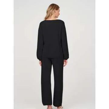 MEROKEETY Women's 2 Piece Outfits Long Sleeve V Neck Knit Pullover Tops and Wide Leg Pant Lounge Set,Black,S