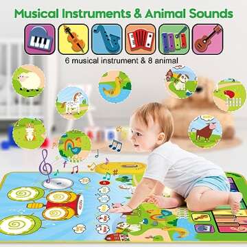 3 in 1 Musical Mat for Toddlers 1-3, Piano Mat & Drum Mat with 2 Sticks, Early Educational Learning Toys for 12-18 Months Baby, Animal Touch Play Blanket Birthday Gifts for 1 2 3 Year Old Boys Girls