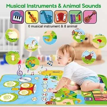 3 in 1 Musical Mat for Toddlers 1-3, Piano Mat & Drum Mat with 2 Sticks, Early Educational Learning Toys for 12-18 Months Baby, Animal Touch Play Blanket Birthday Gifts for 1 2 3 Year Old Boys Girls
