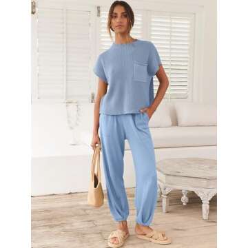 ANRABESS Women's Two Piece Outfits Knit Sweater Vest Crop Top Pants Lounge Matching Tracksuit Sweatsuit Travel Clothes Sets Sky Small