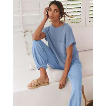 ANRABESS Women's Two Piece Outfits Knit Sweater Vest Crop Top Pants Lounge Matching Tracksuit Sweatsuit Travel Clothes Sets Sky Small