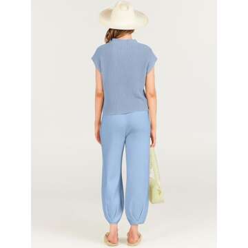 ANRABESS Women's Two Piece Outfits Knit Sweater Vest Crop Top Pants Lounge Matching Tracksuit Sweatsuit Travel Clothes Sets Sky Small