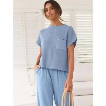 ANRABESS Women's Two Piece Outfits Knit Sweater Vest Crop Top Pants Lounge Matching Tracksuit Sweatsuit Travel Clothes Sets Sky Small
