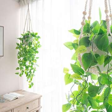 Mkono 2 Packs Fake Hanging Plant with Pot, Artificial Plants Macrame Plant Hanger Fake Vine Greenery...