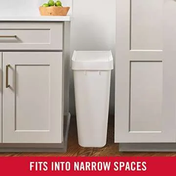 Rubbermaid Swing Top Waste Container for Home and Kitchen, Easy Access Disposal and Slim Modern Trash Can with Lid, 12.2 Gallon Capacity, White