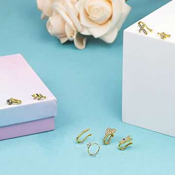 NEWITIN 6 Pairs Stainless Steel Nose Stud Rings for Women Clip on Nose Rings Non Piercing Inlaid Cubic Zirconia Fake Nose Ring for Women