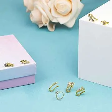 NEWITIN 6 Pairs Stainless Steel Nose Stud Rings for Women Clip on Nose Rings Non Piercing Inlaid Cubic Zirconia Fake Nose Ring for Women