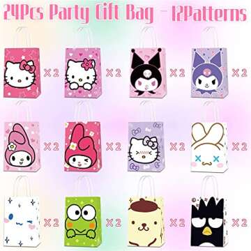 24 Pcs Kitty Party Gift Bags Party Supplies/Cartoon Candy Bags, Tote Bags, Gift Bags for Kids Paper Favor Packs Adults Birthday Party Decora- 12 Pattern