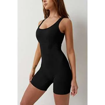 QINSEN Women's Square Neck Backless Rompers One Piece Tummy Control Workout Short Jumpsuits Black S