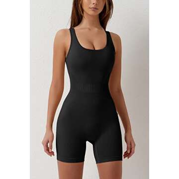 QINSEN Women's Square Neck Backless Rompers One Piece Tummy Control Workout Short Jumpsuits Black S