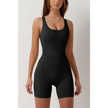 QINSEN Women's Square Neck Backless Rompers One Piece Tummy Control Workout Short Jumpsuits Black S