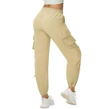 AB-Eleven Women's Lightweight Cargo Pants Quick Dry Joggers with 6 Pockets Elastic Waist and Water-Resistant Hiking Pants Khaki