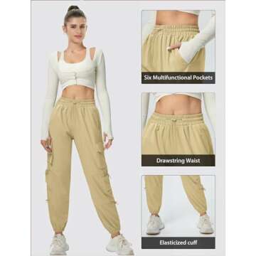 AB-Eleven Women's Lightweight Cargo Pants Quick Dry Joggers with 6 Pockets Elastic Waist and Water-Resistant Hiking Pants Khaki