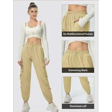 AB-Eleven Women's Lightweight Cargo Pants Quick Dry Joggers with 6 Pockets Elastic Waist and Water-Resistant Hiking Pants Khaki